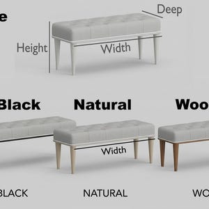 May include: A collection of upholstered benches in various colors: white, black, natural, and wood. Each bench features a rectangular, tufted seat and four legs. The image highlights the different color options available.