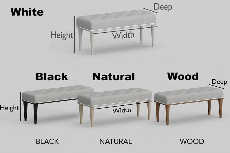 May include: A collection of upholstered benches in various colors: white, black, natural, and wood. Each bench features a rectangular, tufted seat and four legs. The image highlights the different color options available.