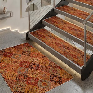 Vintage Patchwork Stair Treads, Washable Cotton Chenille Rugs, Non-Slip Carpet Runner