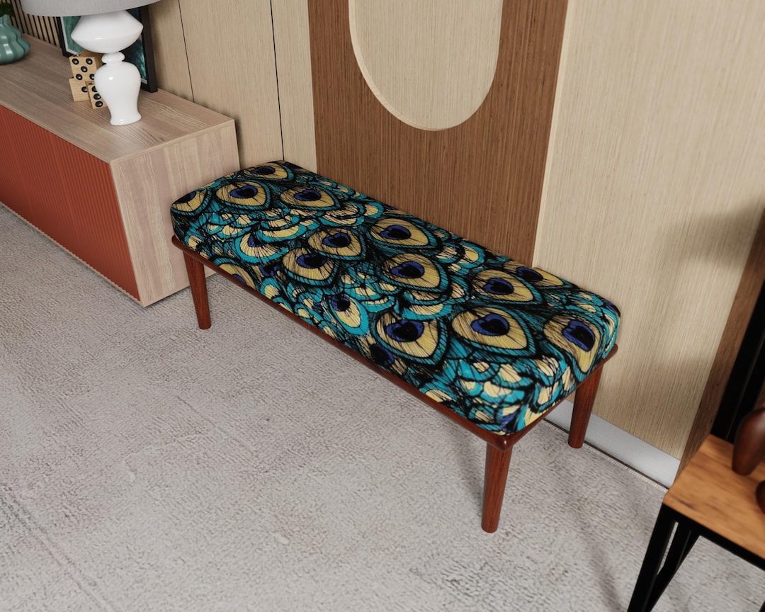 Peacock Feather Pattern Bench, Upholstered Ottoman Bench, Decorative ...