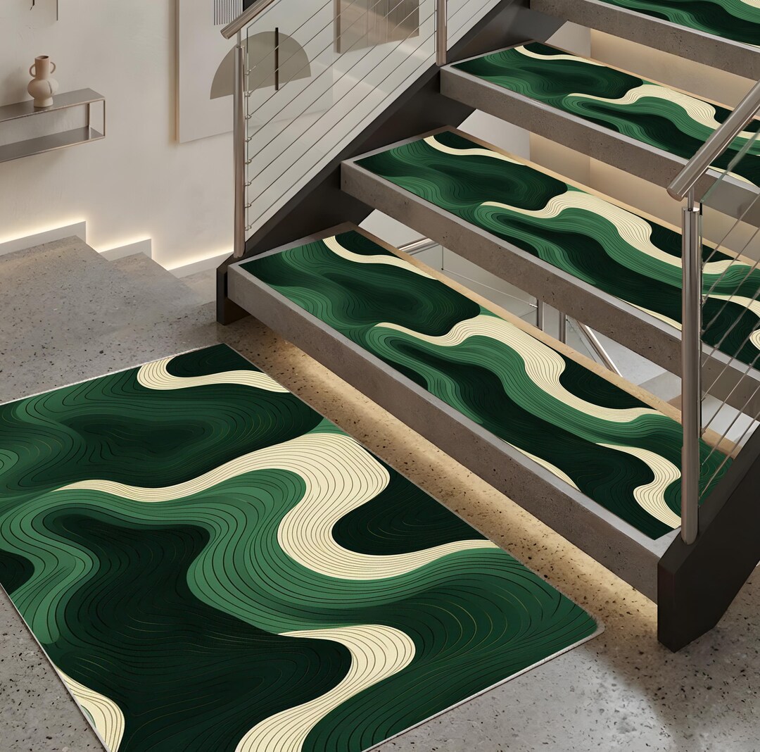 Green Abstract Wave Stair Treads, Cotton Chenille Non-slip Carpet ...
