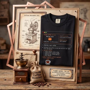 Puede incluir: Una camiseta negra con un gráfico de una interfaz de terminal de computadora etiquetada como Claude Coffee v.2.1.6 con comandos de texto y un icono de taza de café pixelado. La camiseta se muestra junto a un molinillo de café vintage.