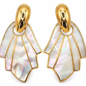 Vintage Mother-of-Pearl Fan Earrings, Gold Tone Art Deco Revival (1980s)