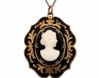 Antique Cameo Pendant Necklace Black Enamel Gold Floral Portrait Victorian Revival Vintage Costume Jewelry