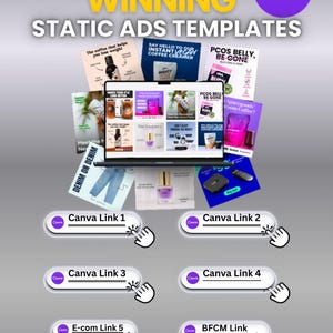 May include: An advertisement for Canva static ad templates. The image shows a laptop displaying various ad designs, surrounded by examples of the templates. Text includes "+10.000 WINNING STATIC ADS TEMPLATES" and links to Canva resources.