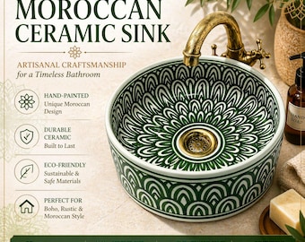 Moroccan Green Ceramic Vessel Sink Bathroom, Hand Painted Geometric Basin, Round Countertop Sink, Artisan Vanity, Boho Bathroom Decor