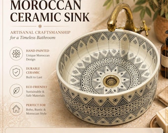 Moroccan Ceramic Vessel Sink, Hand Painted Bathroom Sink, Black and White Countertop Basin, Round Vanity Washbowl, Artisan Bathroom Decor