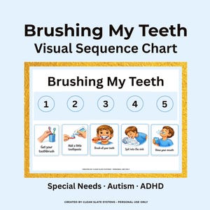 May include: A visual sequence chart titled Brushing My Teeth with five numbered steps. The chart features illustrations of getting a toothbrush, adding toothpaste, brushing teeth, spitting into a sink, and rinsing the mouth, framed in gold.