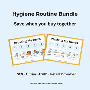 May include: A hygiene routine bundle with the text "Hygiene Routine Bundle" and "Save when you buy together". The bundle includes two illustrated cards: "Brushing My Teeth" and "Washing My Hands". The cards have a gold border and are on a light blue background.