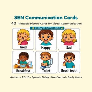 Könnte beinhalten: SEN Kommunikationskarten mit 40 druckbaren Bildkarten zur visuellen Kommunikation. Das Set enthält Illustrationen von Kindern, die Emotionen wie müde, glücklich und traurig ausdrücken sowie tägliche Aufgaben wie Frühstück, Toilette und Zähneputzen.