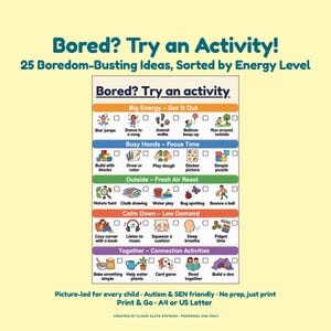 Boredom Buster Chart for Kids, Autism ADHD Activities, SEN Visual Printable, Things to Do