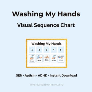 May include: A visual sequence chart titled "Washing My Hands" with five steps illustrated. The chart is in a gold frame and includes the steps: Wet hands, Add soap, Rub for 20 seconds, Wash soap off, and Dry hands. The chart is designed for SEN, Autism, and ADHD.