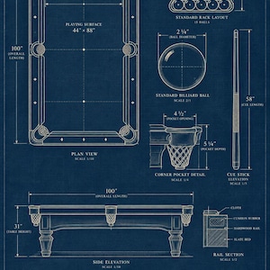 May include: A blue technical blueprint titled BILLIARDS BLUEPRINT TOURNAMENT TABLE SCHEMATIC. It displays a pool table plan view, side elevation, a 15-ball rack, a 2.25-inch ball, a 58-inch cue stick, a corner pocket, and a rail section with dimensions.