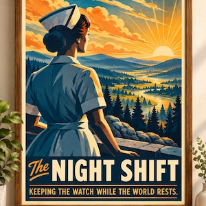 Poster arrotolato da parete con immagine di un'infermiera del turno di notte / Stampa vintage a tema infermieristico