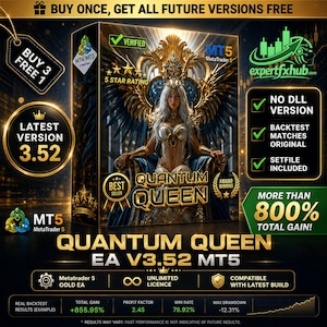 v3.52 Quantum Queen MT5 EA Expert Advisor unlimited licence, forex gold financial trading bot, Algorithmic Trading, ftmo scalping EA