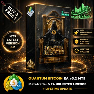 May include: A product box with the text "QUANTUM BITCOIN" and an illustration of a figure seated on a throne. The box also includes the text "MT5 LATEST VERSION 3.2" and "BUY 3 FREE 1". Additional text includes "HIGH PERFORMANCE TRADING" and "LIFETIME UPDATES".