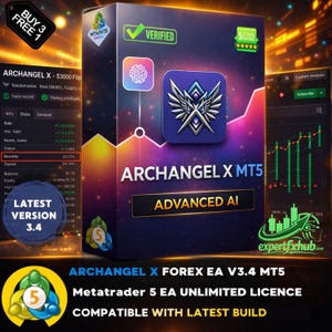 May include: A product box for Archangel X MT5, an advanced AI trading software. The box is dark blue with a silver logo and the text "ARCHANGEL X MT5 ADVANCED AI". The image also includes a chart and the text "BUY 3 FREE 1".