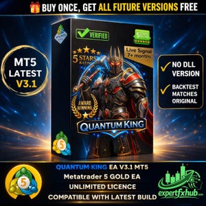 May include: A product box with the text "MT5 LATEST V3.1" and "QUANTUM KING". The box features a warrior illustration and the text "5 STARS RATING". Additional text includes "VERIFIED" and "NO DLL VERSION".