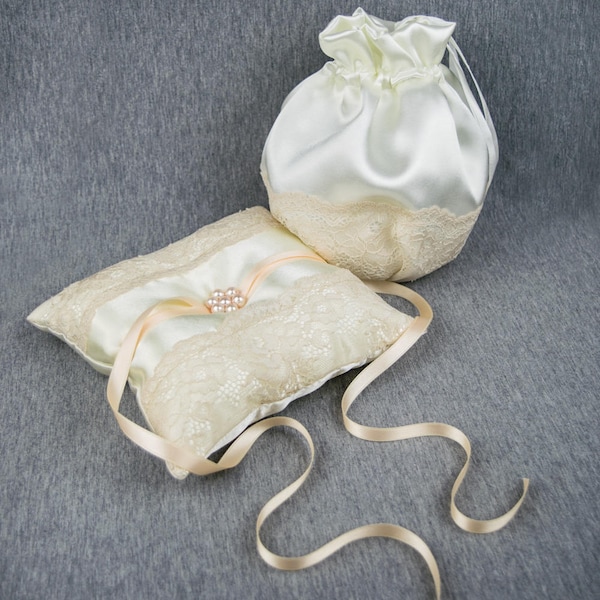 Bridal bag + Ring bearer pillow cushion for your wedding ideal wedding present bride beige ivory cream pearls Bridal gift Wedding present