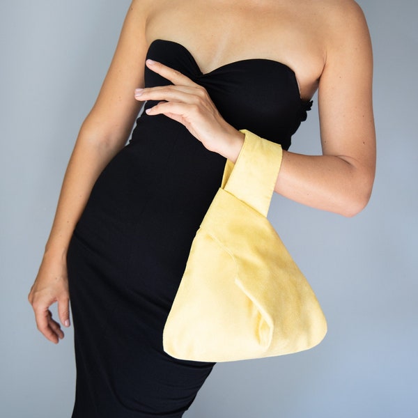 Japanese knot bag purse clutch yellow suede imitation  , party ,special occasion, simple and elegant bag , evening purse , yellow gold