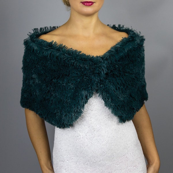 Luxury Faux fur shawl wrap cape teal green lining satin green forest green fur bolero shrug bridal shawl , bridesmaids