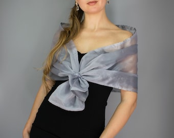 2 sided silver grey Organza wrap shawl summer spring wedding shrug silver grey wedding dress , comunion , party