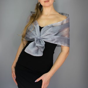 Silver grey organza wrap silver pull through wrap shawl silver grey bridesmaid shawl grey organza scarf silver loop wrap woman organza shrug
