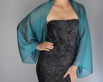 Teal Blue Peacock Chiffon sleeves wrap shawl bolero Winter wedding shrug elegant accessory size unique dark green deep green peacock green