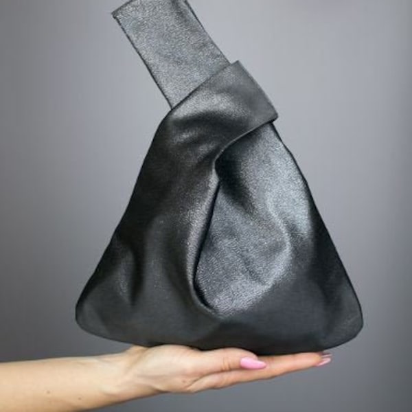 Japanese knot bag purse anthracite charcoal silver , taffeta wedding , simple and elegant bag ,  evening dress , silver gold prom