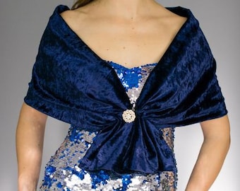 Abito da sposa con alzata di spalle con scialle in velluto / stola in velluto, involucro blu navy, spilla avvolgente con accessorio da sposa scialle blu marino blu navy