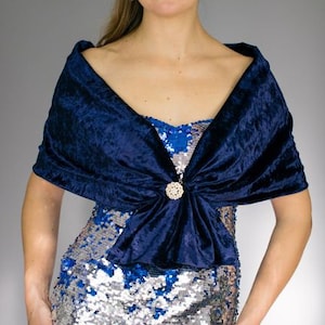 Velour / velvet stole shawl wrap shrug wedding dress, navy blue wrap , navy blue marine blue shawl bolero wedding accessory wrapon brooch image 1