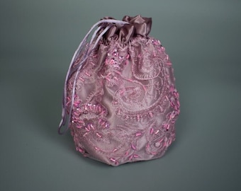 Gorgeous Lace Embroidered bag purse wristlet mauve pink money bag bridal purse wedding communion luxury pearls beads flowers Unique piece