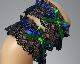 Bridal garter Set black royal blue neon green gothic wedding, hen party, special occasion , irish green, black wedding Halloween style