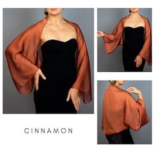 Pu&ograve; includere: Un bolero trasparente color cannella con maniche ampie. Il bolero &egrave; indossato sopra un vestito nero. La parola "CINNAMON" &egrave; stampata in un carattere pulito, senza grazie nella parte inferiore dell'immagine. Il bolero sembra essere fatto di un tessuto leggero e fluido.