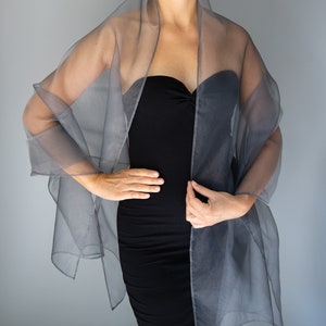 Large Dark silver grey organza wrap dark silver grey sheer shawl dark silver grey shrug bridesmaids scarf woman sheer scarf evening shawl