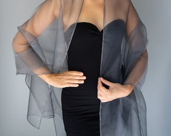 Chal de organza grande gris plata oscuro, chal transparente gris plata oscuro, bolero gris plata oscuro, bufanda para damas de honor, bufanda transparente para mujer, chal de noche