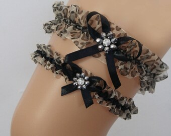 Conjunto de ligas: Liga de novia, liga de despedida de soltera, organza, encaje, estampado animal, leopardo, tigre, plata, negro y gris, accesorio de novia sexy.