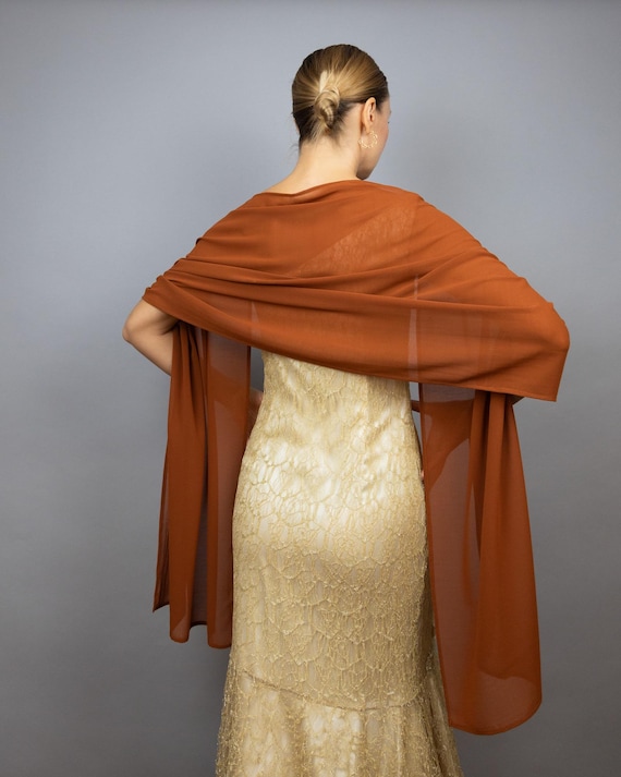 Luxury burnt orange Chiffon shawl wrap shrug, chiffon wrap, evening wrap, bridesmaids, prom shawl, brown copper wrap, scarf