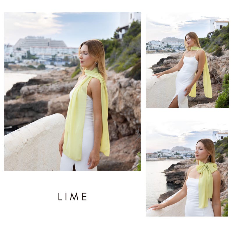 May include: A lime green scarf draped over a white dress. The scarf is a light, flowing fabric. The word "LIME" is printed in white at the bottom of the image. The background shows a coastal landscape with buildings and the ocean.