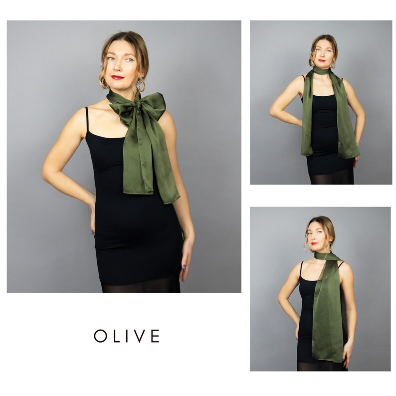 May include: Olive green satin scarf styled in multiple ways. The scarf is draped around the neck and tied in a large bow. The scarf is paired with a black dress. The word "OLIVE" is printed in white.