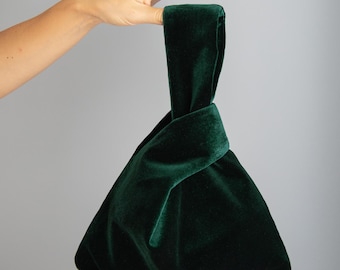 Japanese knot bag purse clutch green velvet wedding, party, special occasion, simple and elegant bag, evening dress, green prom purse