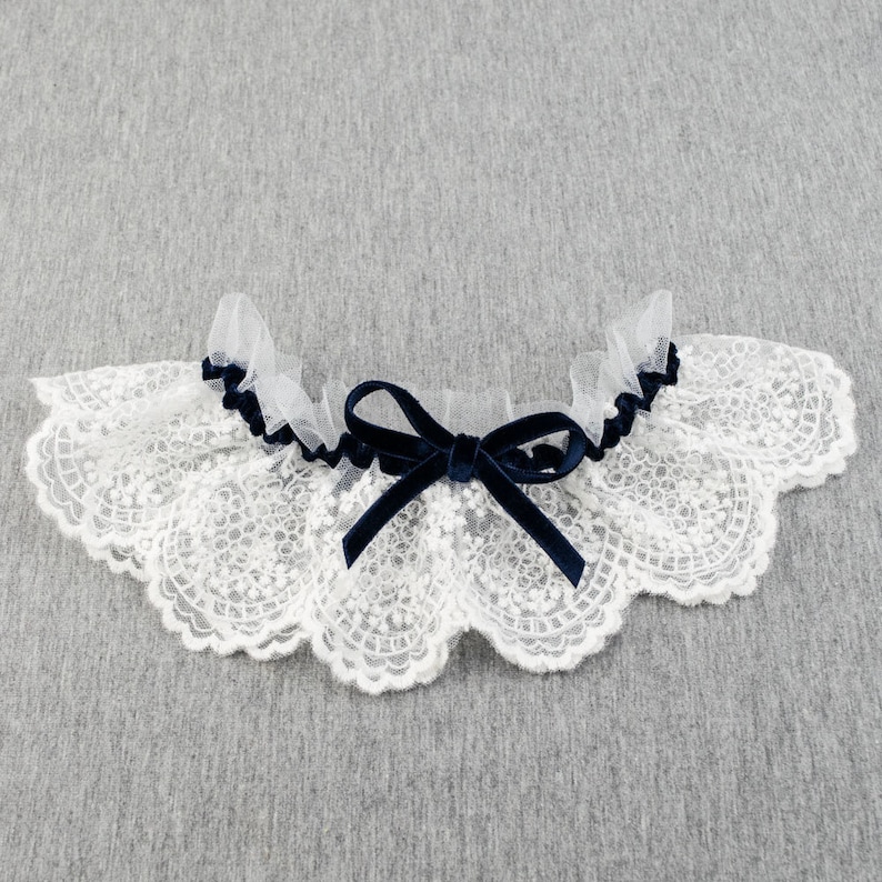 Velvet garter for your wedding venetian lace special occasion white blue navy blue Tossing garter