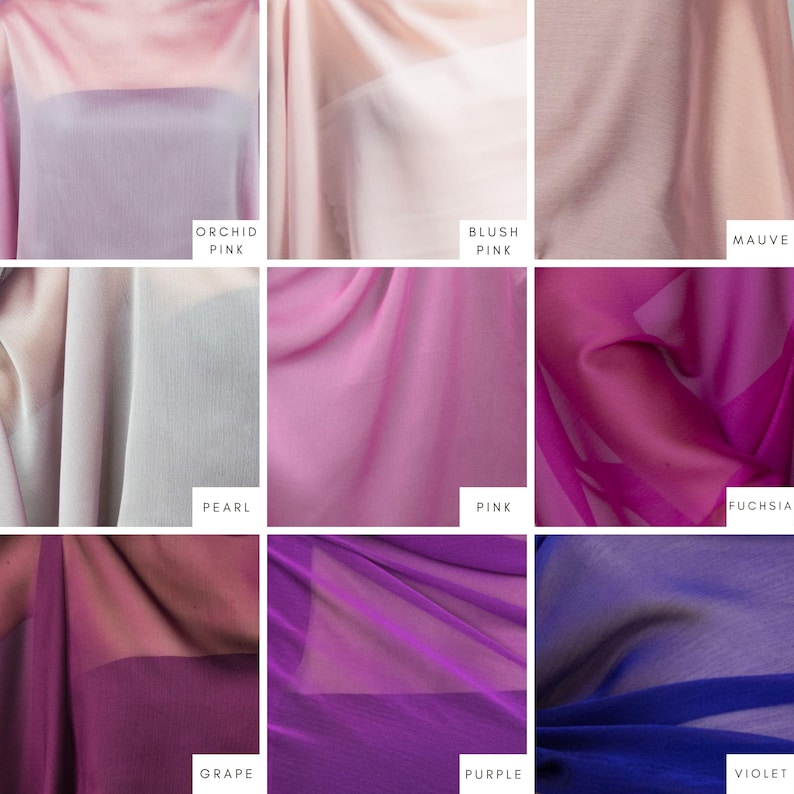 May include: A selection of sheer fabric samples in a range of pinks, purples, and violet hues. Each swatch is labelled with a colour name, including "Orchid Pink", "Blush Pink", "Mauve", "Pearl", "Pink", "Fuchsia", "Grape", "Purple", and "Violet."
