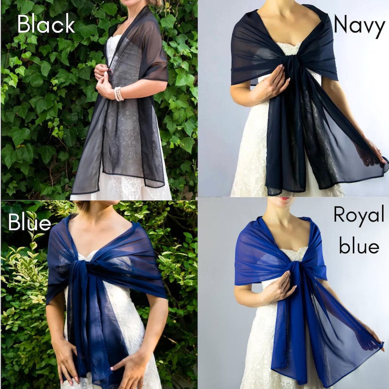 May include: Four different colors of sheer chiffon scarves. The colors are black, navy, blue, and royal blue. The scarves are draped around the shoulders of models.