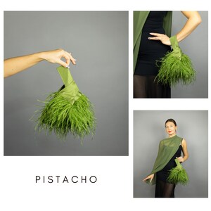 May include: A lime green clutch bag with a handle, decorated with soft feathers. The bag is shown in several views, including one held by a person. The word "PISTACHO" is displayed in white text at the bottom of the image.