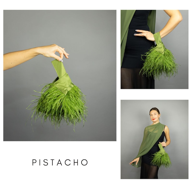 May include: A lime green clutch bag with a handle, decorated with soft feathers. The bag is shown in several views, including one held by a person. The word "PISTACHO" is displayed in white text at the bottom of the image.
