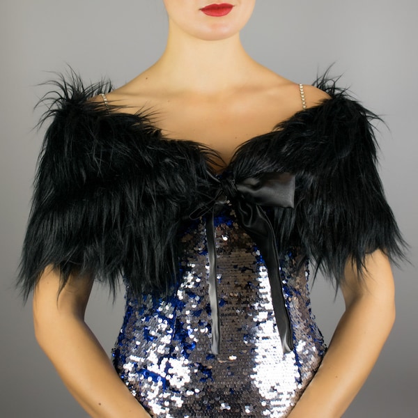 Black faux fur wrap shawl shrug bridesmaid cape bolero lining satin brooch Fake fur wrap bridal bolero