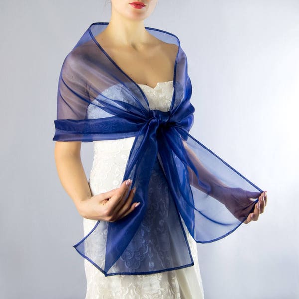 Organza wrap châle boléro mariage haussement d'épaules printemps été demoiselles d'honneur enveloppement de mariée Bleu Marine Bleu Ciel Bleu Royal n7