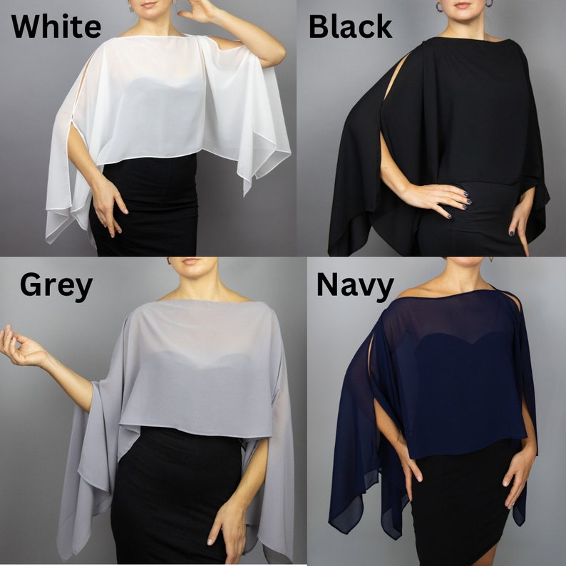 Peut inclure: Quatre femmes portent des ch&acirc;les en mousseline de diff&eacute;rentes couleurs. Les ch&acirc;les sont tous du m&ecirc;me style, avec un col rond et une coupe ample. Les ch&acirc;les sont disponibles en blanc, noir, gris et bleu marine.