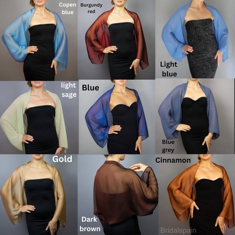 May include: A collection of ten sheer shawls in various colors, including light blue, blue grey, gold, dark brown, light sage, burgundy red, and copen blue. The shawls are draped over mannequins wearing black dresses.